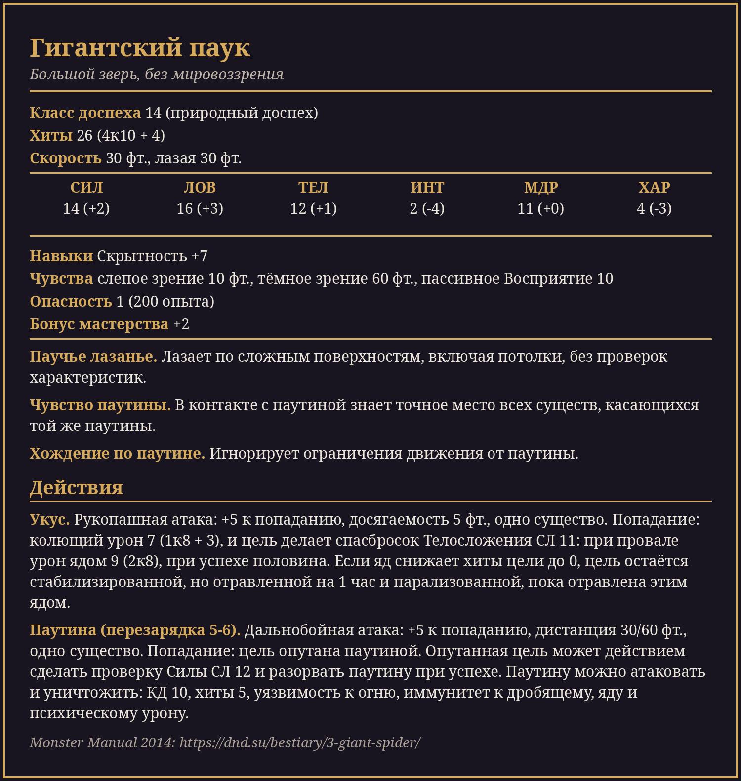Гигантский паук: статблок картинкой